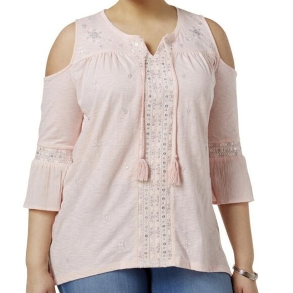 Style & Co Peasant Cold Shoulder Top - Pink with Silver and White Accents - Picture 1 of 11
